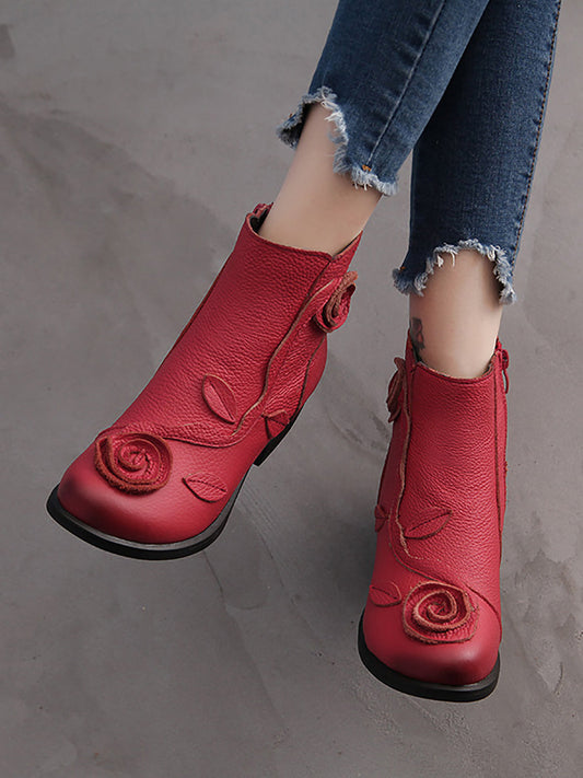 Bottes à Talon Moyen en Cuir avec Motifs Floraux pour Femme