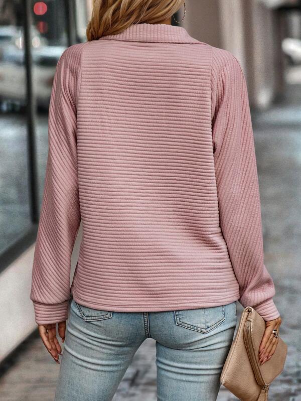 Pull Col Zippé Ample et Côtelé à Manches Longues pour Femme
