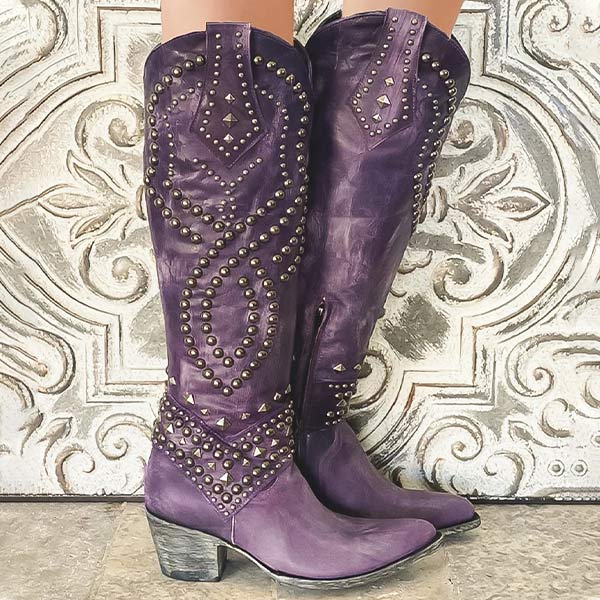 Bottes de Cowboy Cloutées à Talon Épais pour Femmes