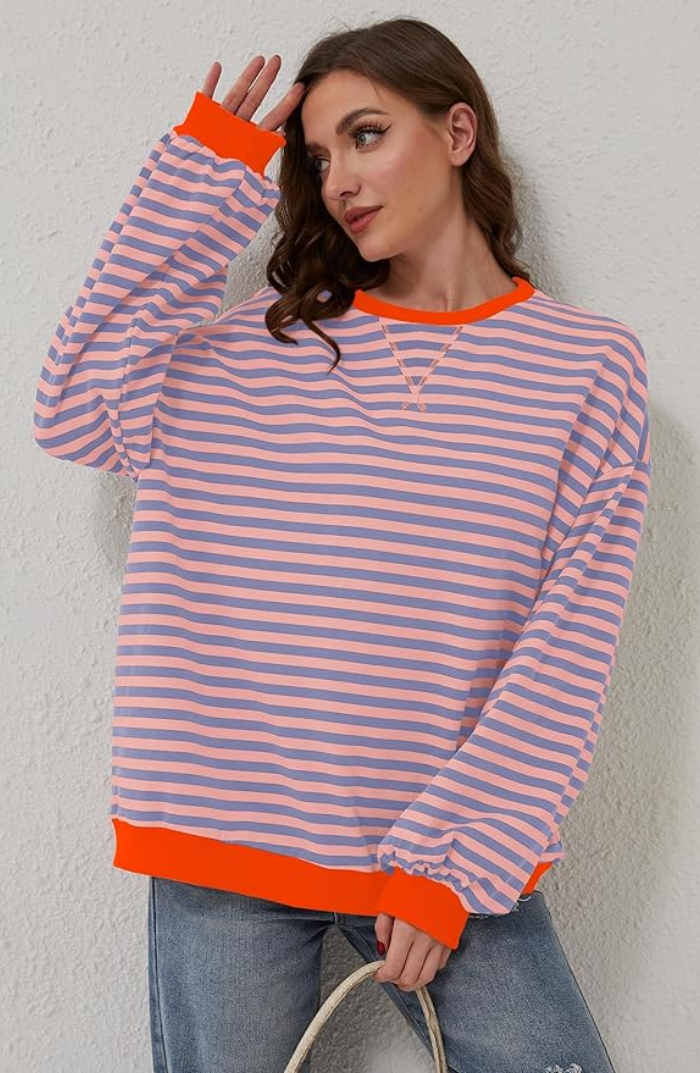 Sweat Rayé Décontracté à Col Rond pour Femmes