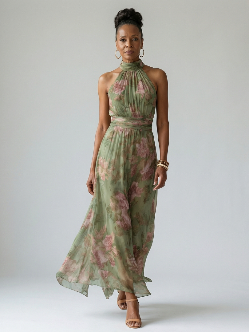 Robe Midi à Taille Cintrée et Col Halter pour Femme
