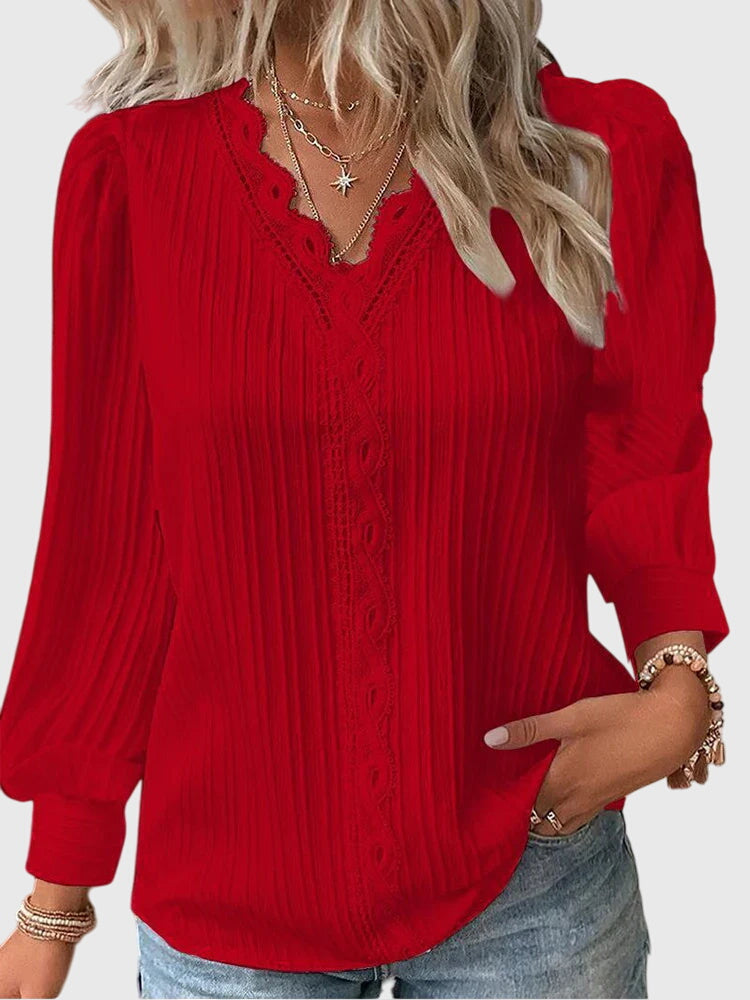 Blouse Pull-over à Col V avec Dentelle pour Femmes