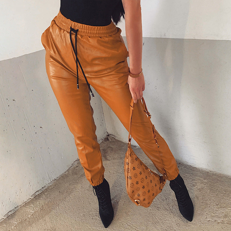 Pantalon Jogger Taille Élastique en Simili Cuir pour Femme