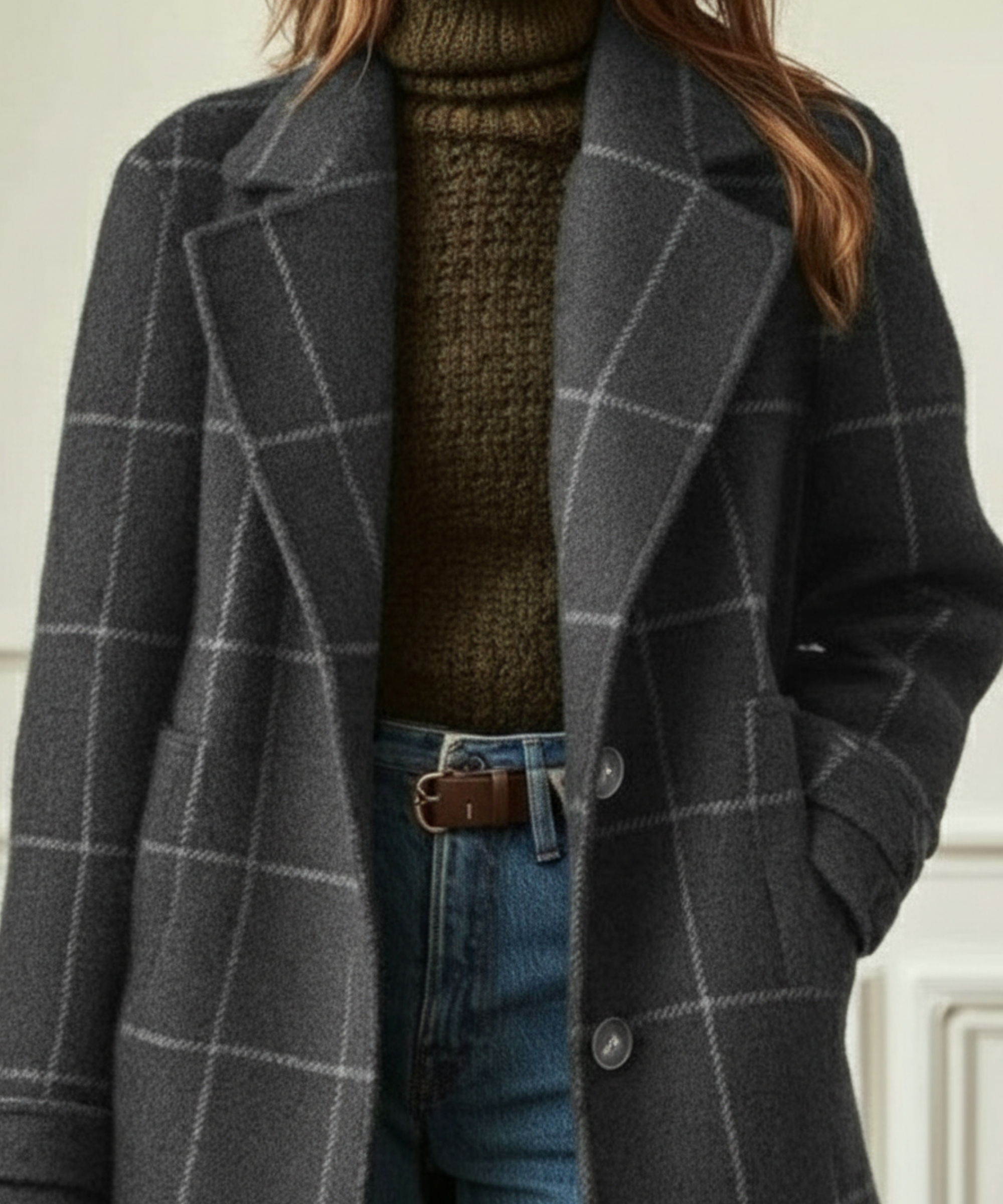 Manteau à Carreaux en Tissu Effet Laine pour Femme