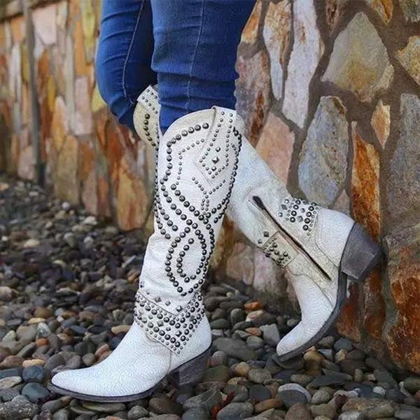 Bottes de Cowboy Cloutées à Talon Épais pour Femmes