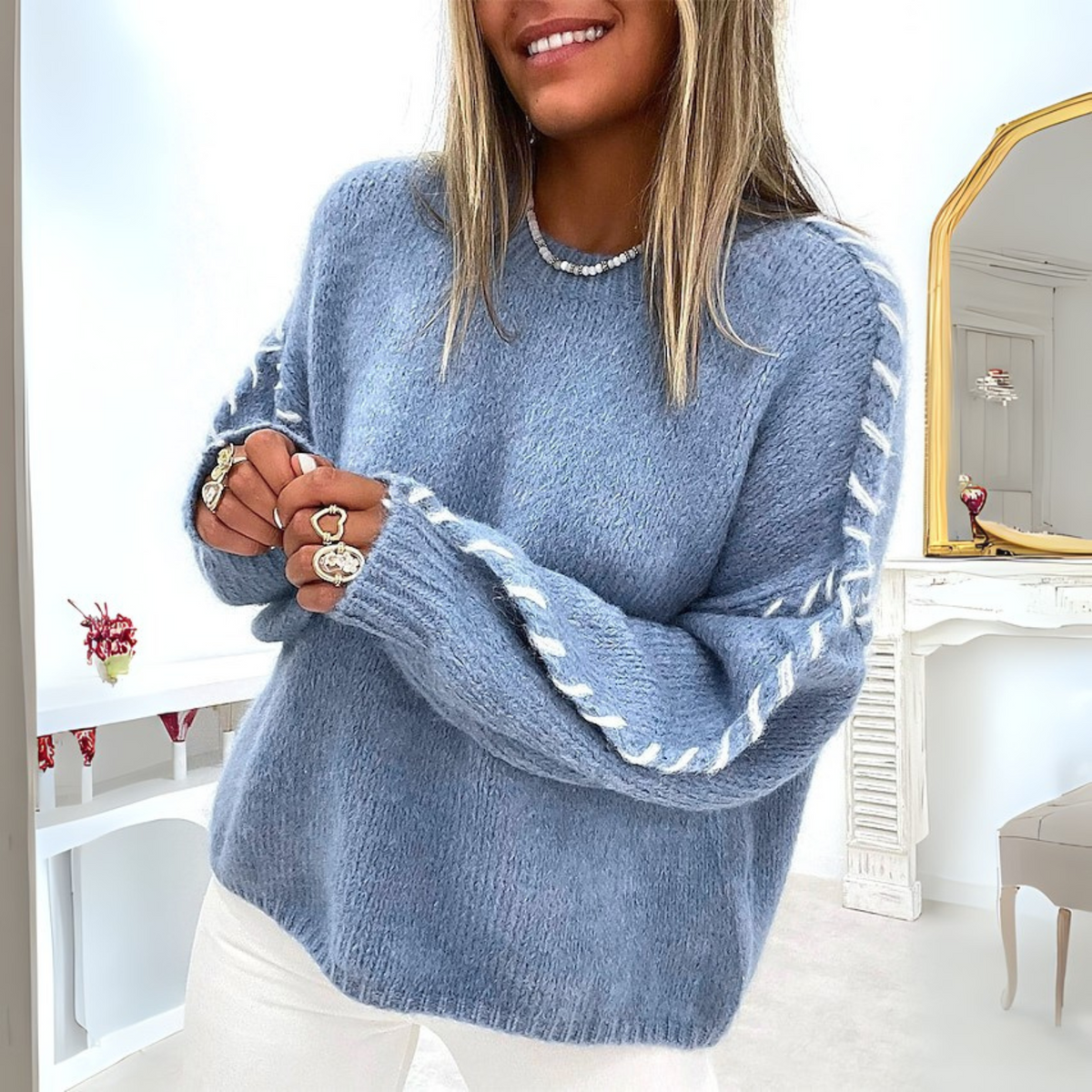Pull Uni à Manches Longues et Col Rond Coupe Ample pour Femme