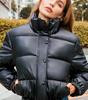 Doudoune Courte en Simili Cuir Coupe Ample à Col Montant pour Femme