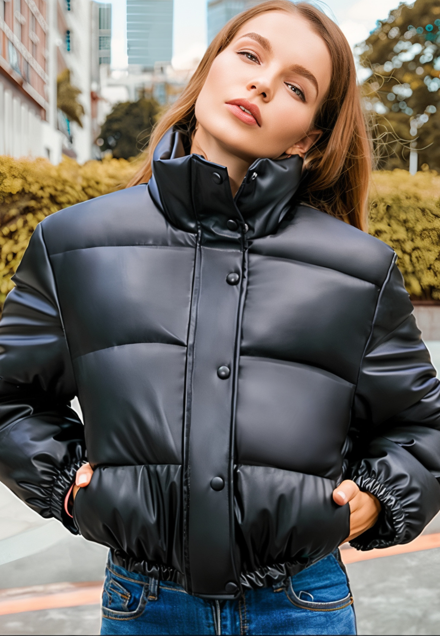 Doudoune Courte en Simili Cuir Coupe Ample à Col Montant pour Femme