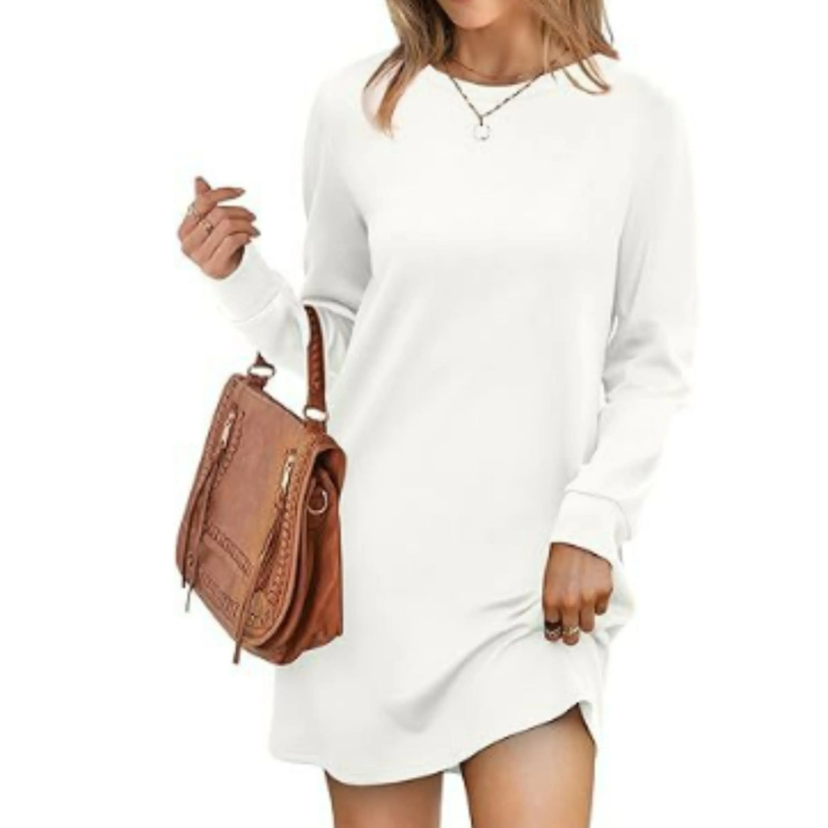 Robe Pull Courte et Ample à Manches Longues et Col Rond pour Femme