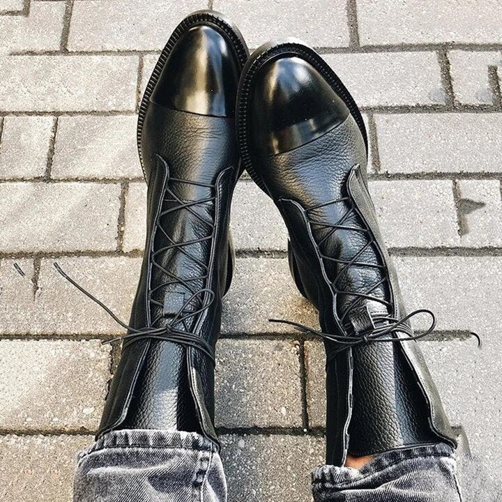 Botte Mi-Mollet à Lacets et Talon en Simili Cuir pour Femme