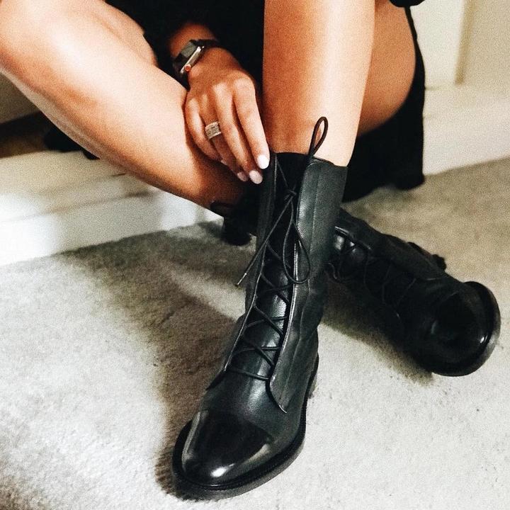 Botte Mi-Mollet à Lacets et Talon en Simili Cuir pour Femme