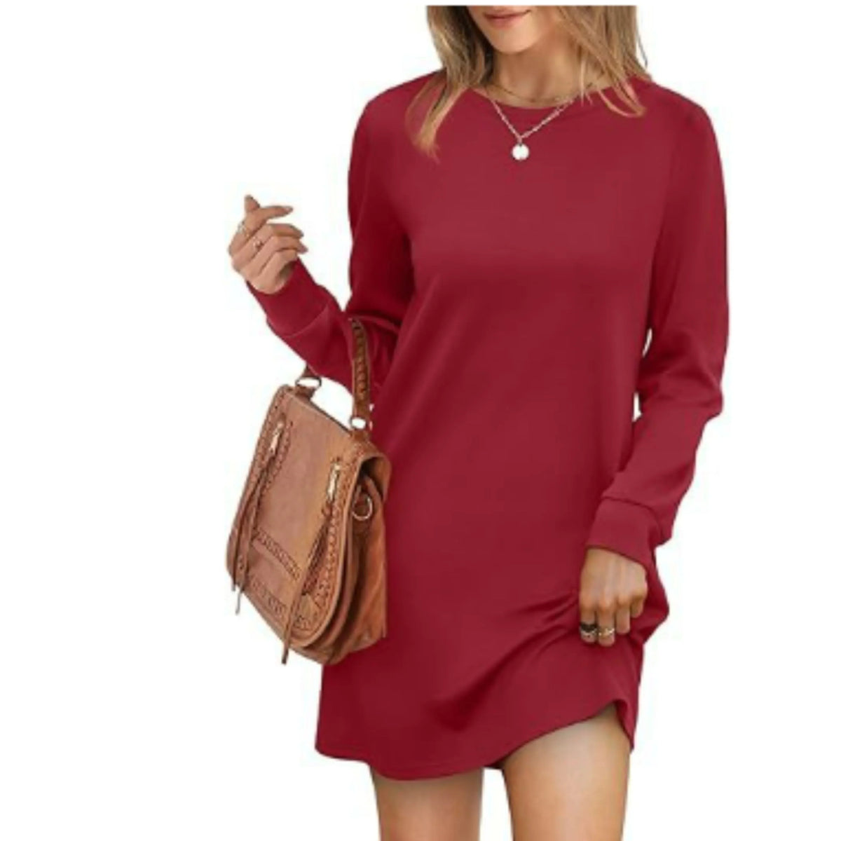 Robe Pull Courte et Ample à Manches Longues et Col Rond pour Femme