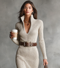 Robe Midi Moulante à Manches Longues et Col V en Tricot Côtelé