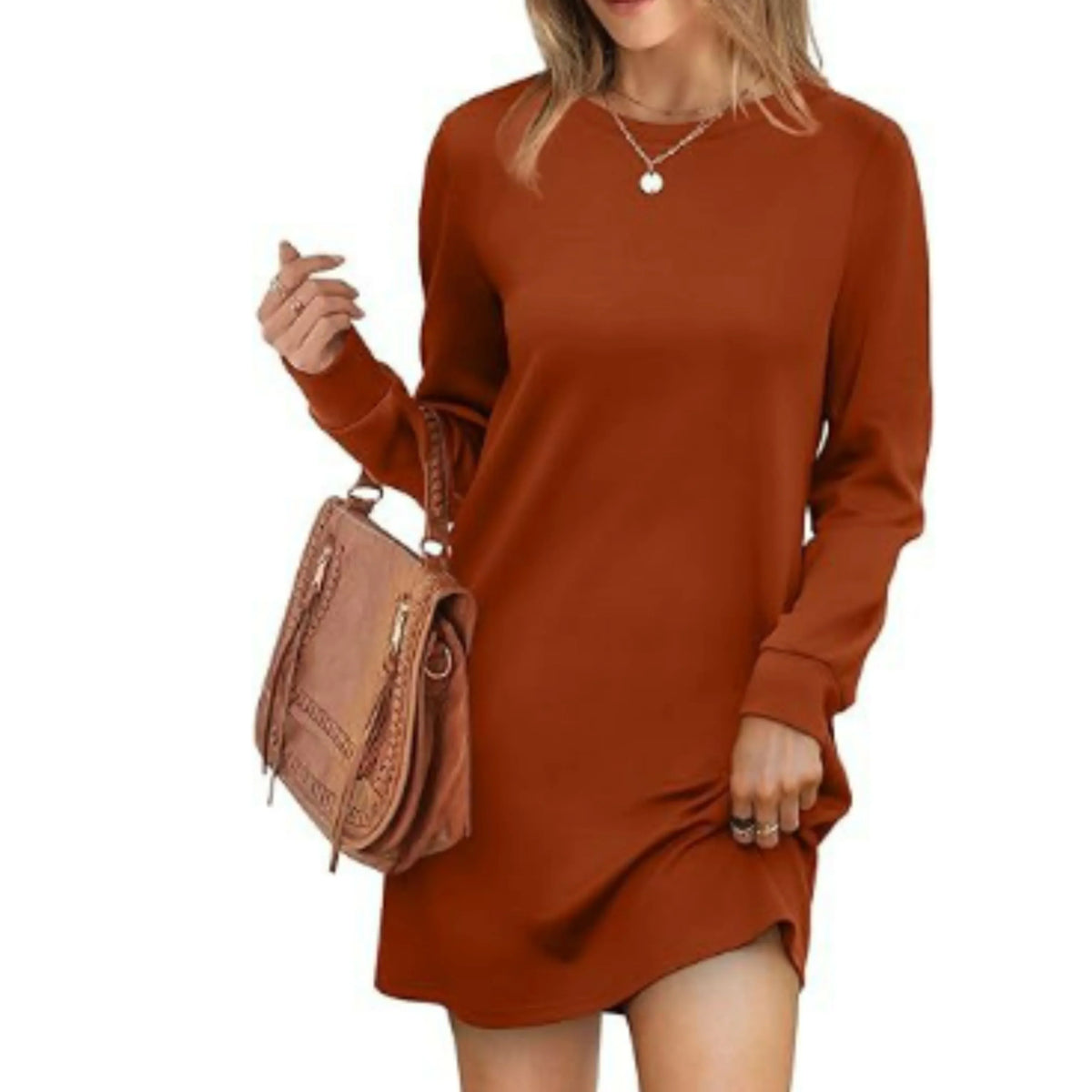 Robe Pull Courte et Ample à Manches Longues et Col Rond pour Femme