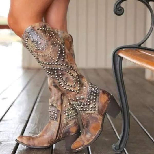 Bottes de Cowboy Cloutées à Talon Épais pour Femmes