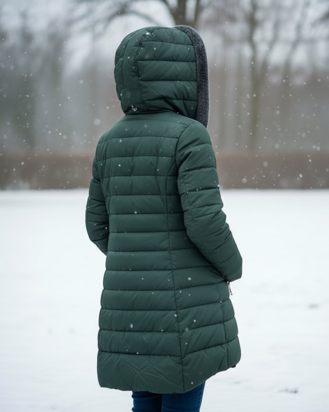 Doudoune Longue Matelassée Cintrée à Capuche Fausse Fourrure