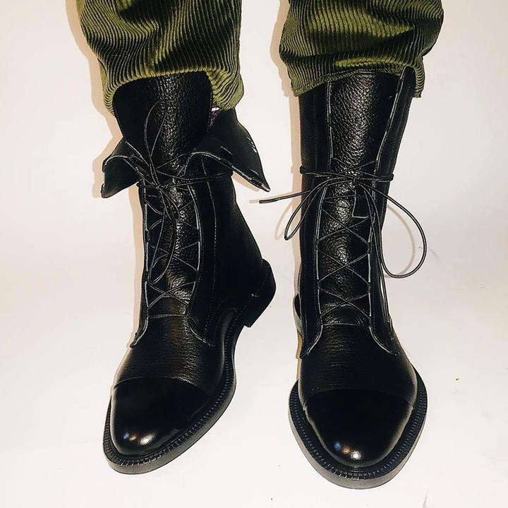 Botte Mi-Mollet à Lacets et Talon en Simili Cuir pour Femme