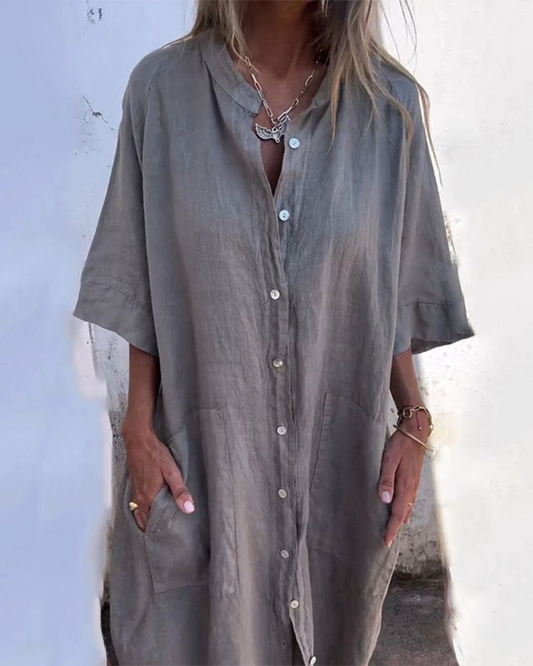 Robe Chemise Décontractée en Coton et Lin pour Femmes
