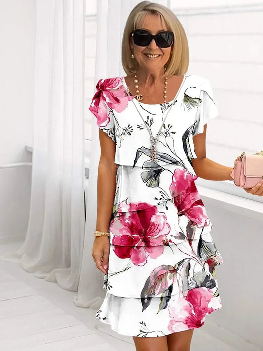 Robe mi-longue plissée à volants avec imprimé floral pour femmes