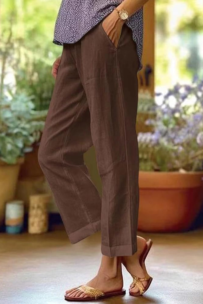 Pantalon droit en coton et lin pour femmes