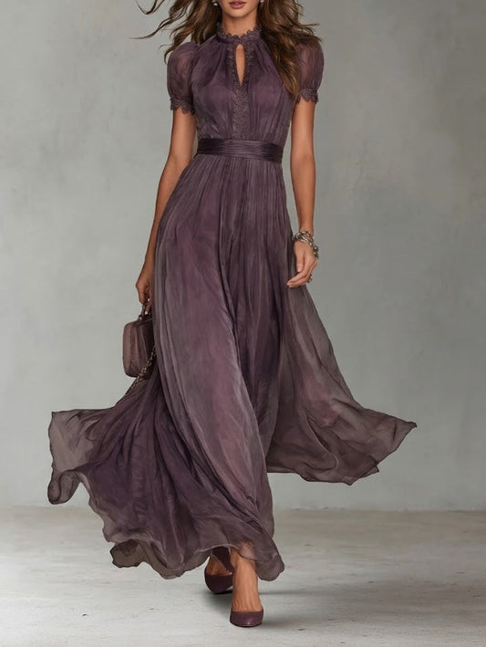 Robe Longue avec Encolure Goutte et Bordure en Dentelle pour Femmes