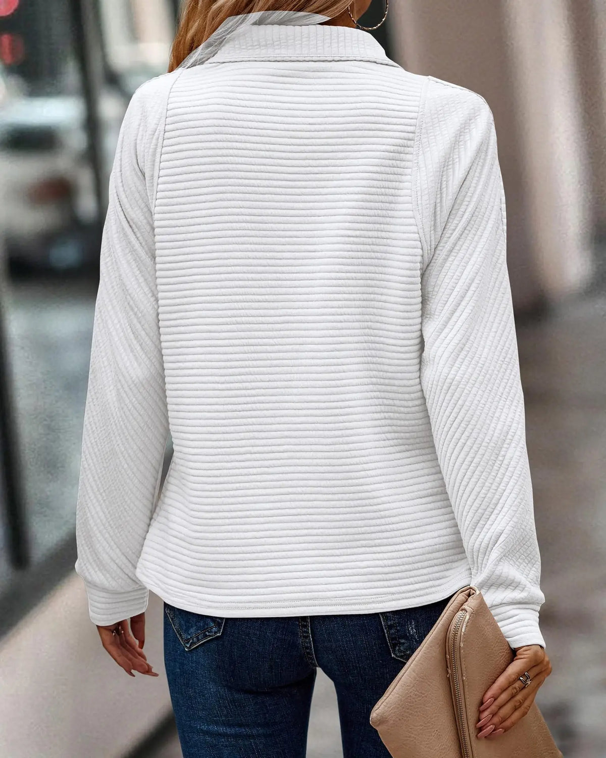 Pull Col Zippé Ample et Côtelé à Manches Longues pour Femme