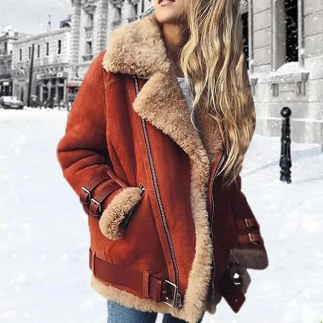 Blouson Aviateur en Suède Doublé de Fausse Fourrure pour Femmes