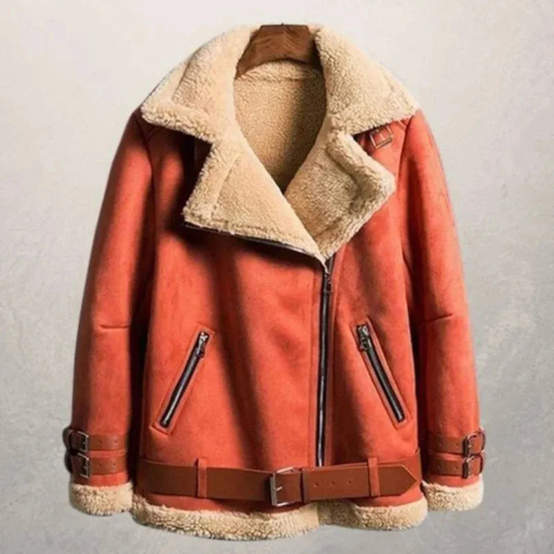 Blouson Aviateur en Suède Doublé de Fausse Fourrure pour Femmes