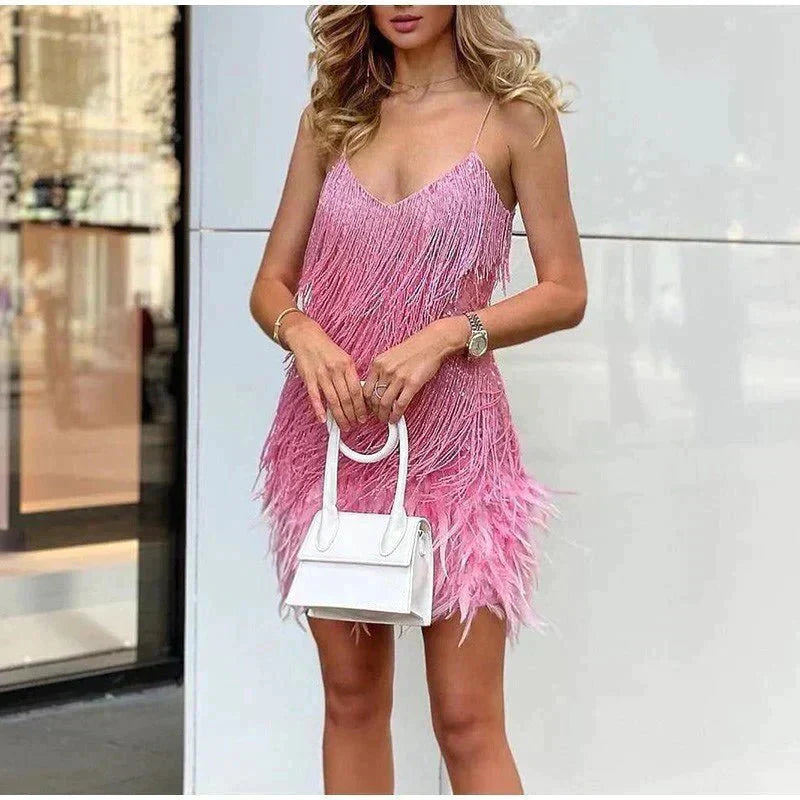 Robe Mini à Détails en Plumes pour Femmes