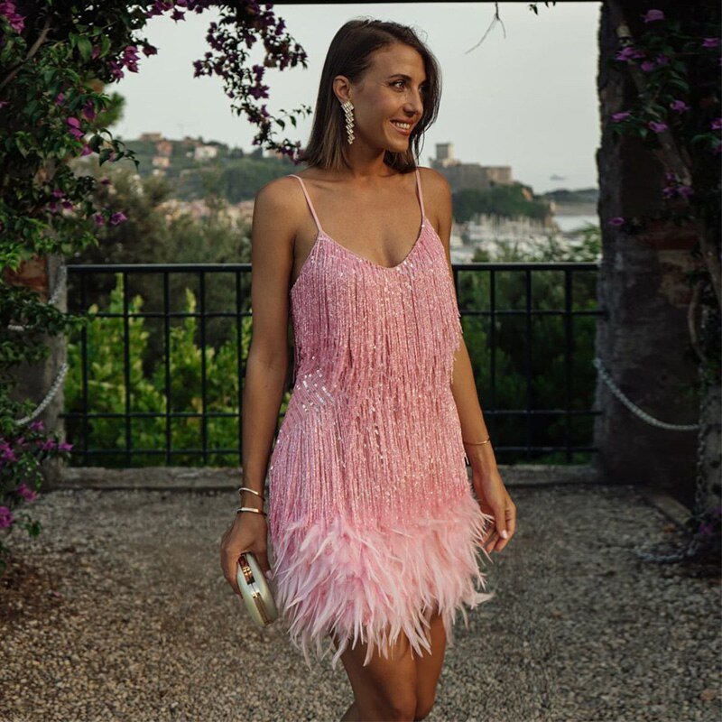 Robe Mini à Détails en Plumes pour Femmes