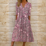 Robe Longue Imprimée à Manches Courtes et Col V pour Femmes