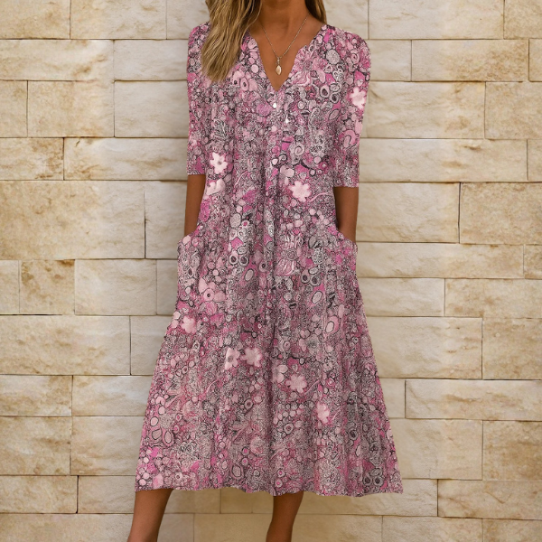 Robe Longue Imprimée à Manches Courtes et Col V pour Femmes