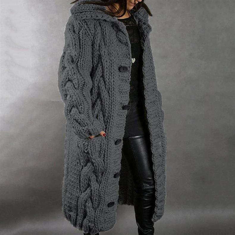 Gilet Long à Capuche en Grosse Maille pour Femme