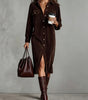 Robe Chemise Femme Midi Droite à Manches Longues en Velours Côtelé