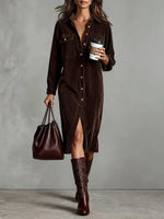 Robe Chemise Femme Midi Droite à Manches Longues en Velours Côtelé