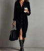 Robe Chemise Femme Midi Droite à Manches Longues en Velours Côtelé
