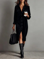 Robe Chemise Femme Midi Droite à Manches Longues en Velours Côtelé