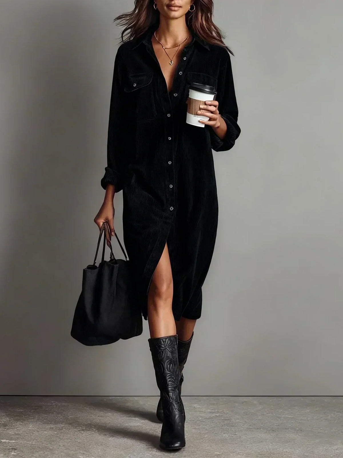 Robe Chemise Femme Midi Droite à Manches Longues en Velours Côtelé