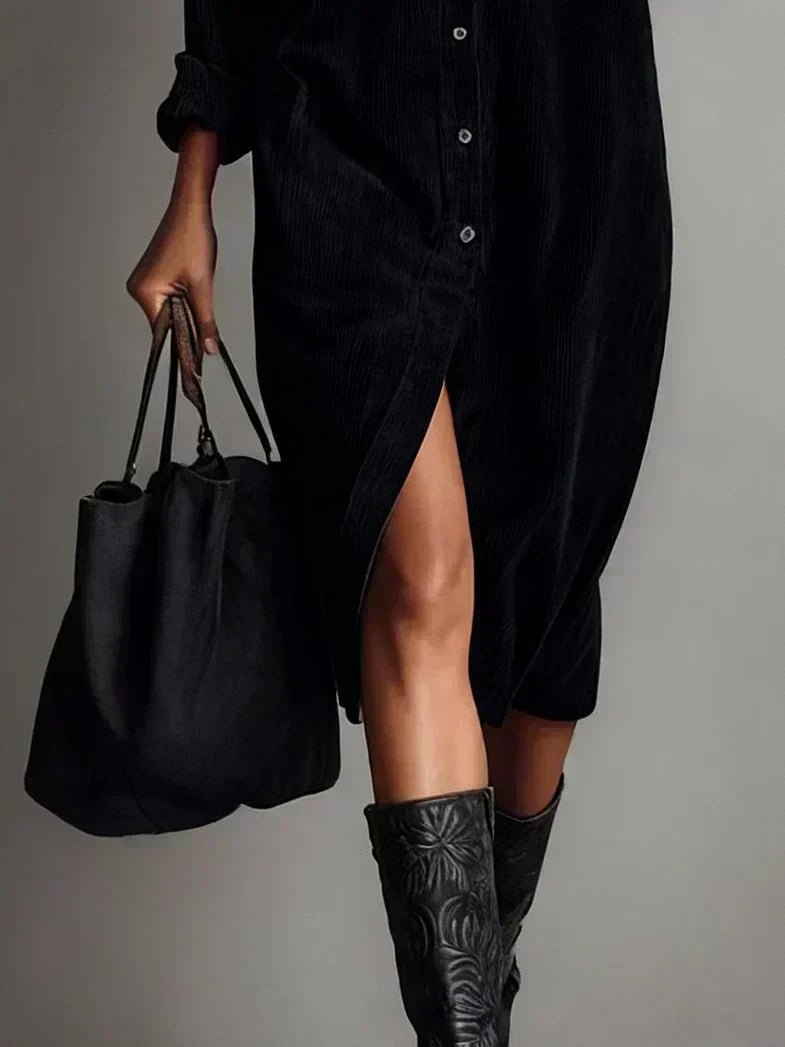 Robe Chemise Femme Midi Droite à Manches Longues en Velours Côtelé