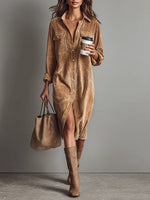 Robe Chemise Femme Midi Droite à Manches Longues en Velours Côtelé