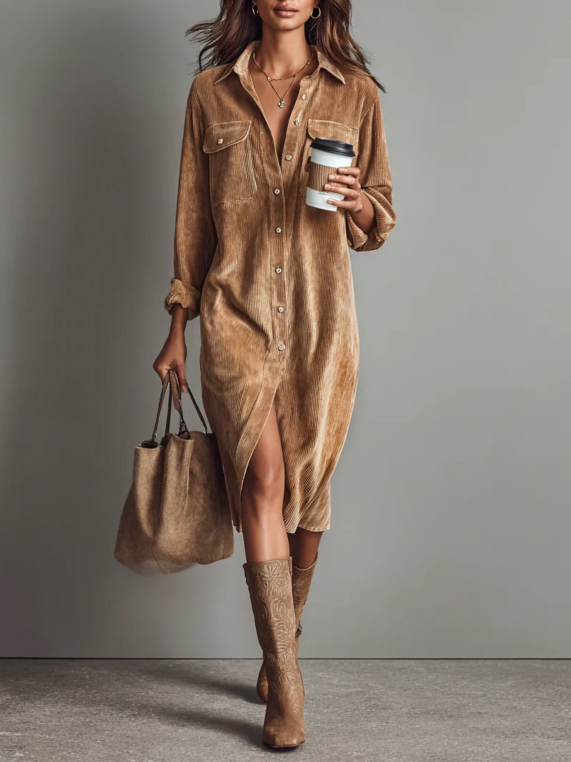 Robe Chemise Femme Midi Droite à Manches Longues en Velours Côtelé