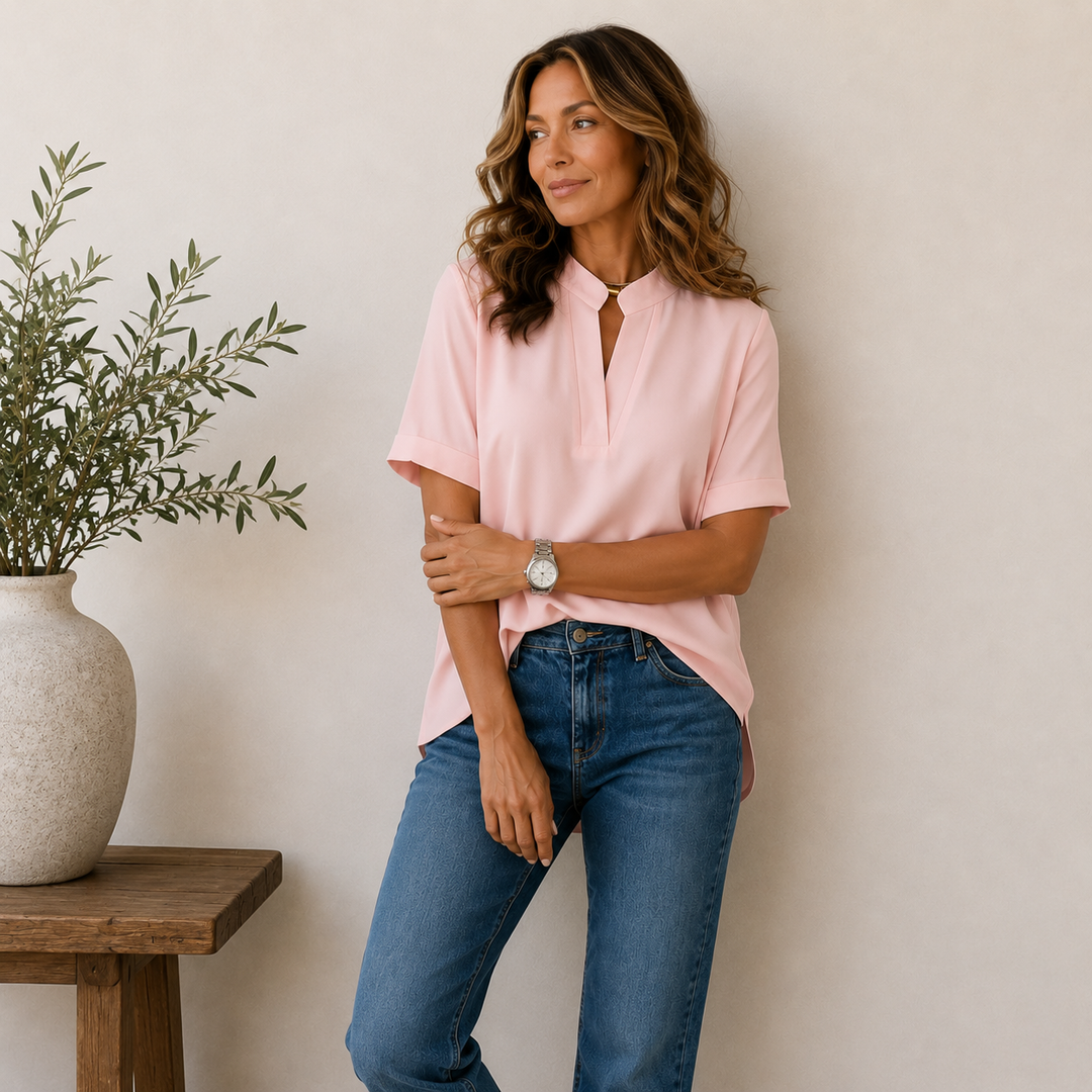 Blouse Femme Col V Manches Courtes Coupe Fluide Unie