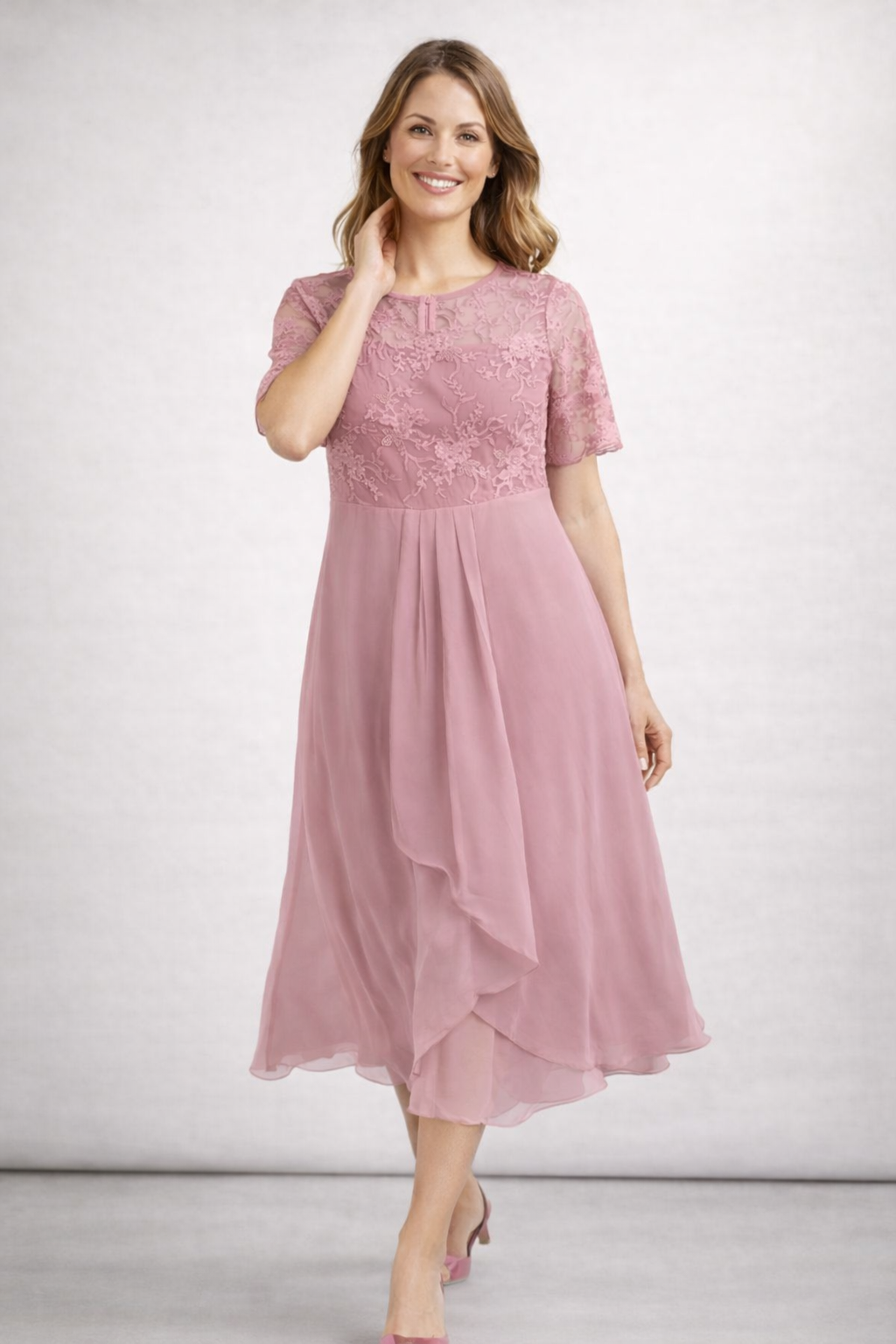 Robe Midi Dentelle et Chiffon pour Femmes