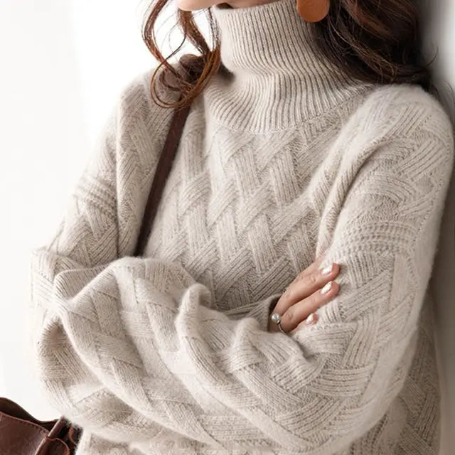 Pull Oversize Torsadé Manches Longues à Col Roulé pour Femme