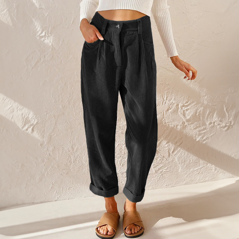 Pantalon Taille Haute en Velours Côtelé Coupe Carotte pour Femme