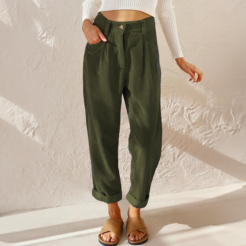 Pantalon Taille Haute en Velours Côtelé Coupe Carotte pour Femme