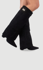 Bottes Élégantes en Suède Noir avec Détails Dorés pour Femmes