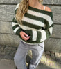Pull à Manches Longues et Col Rond en Grosse Maille Rayée pour Femme