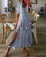 Robe Longue à Imprimé Géométrique et Manches Lanternes pour Femmes