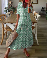 Robe Longue à Imprimé Géométrique et Manches Lanternes pour Femmes